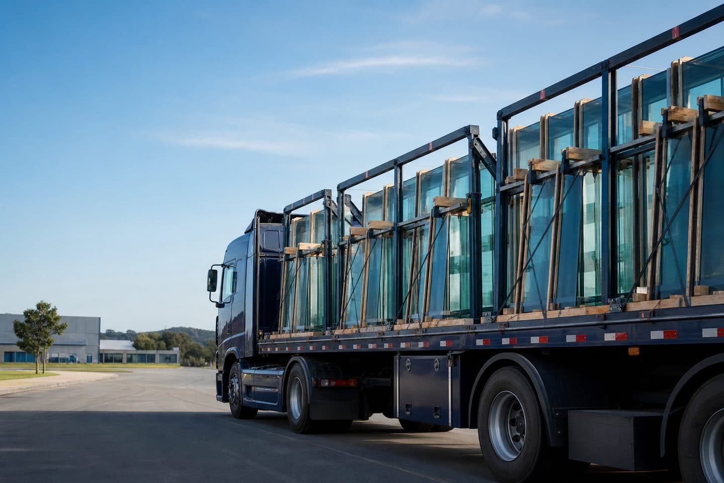 Caminhão preparado para o transporte seguro de chapas de vidro