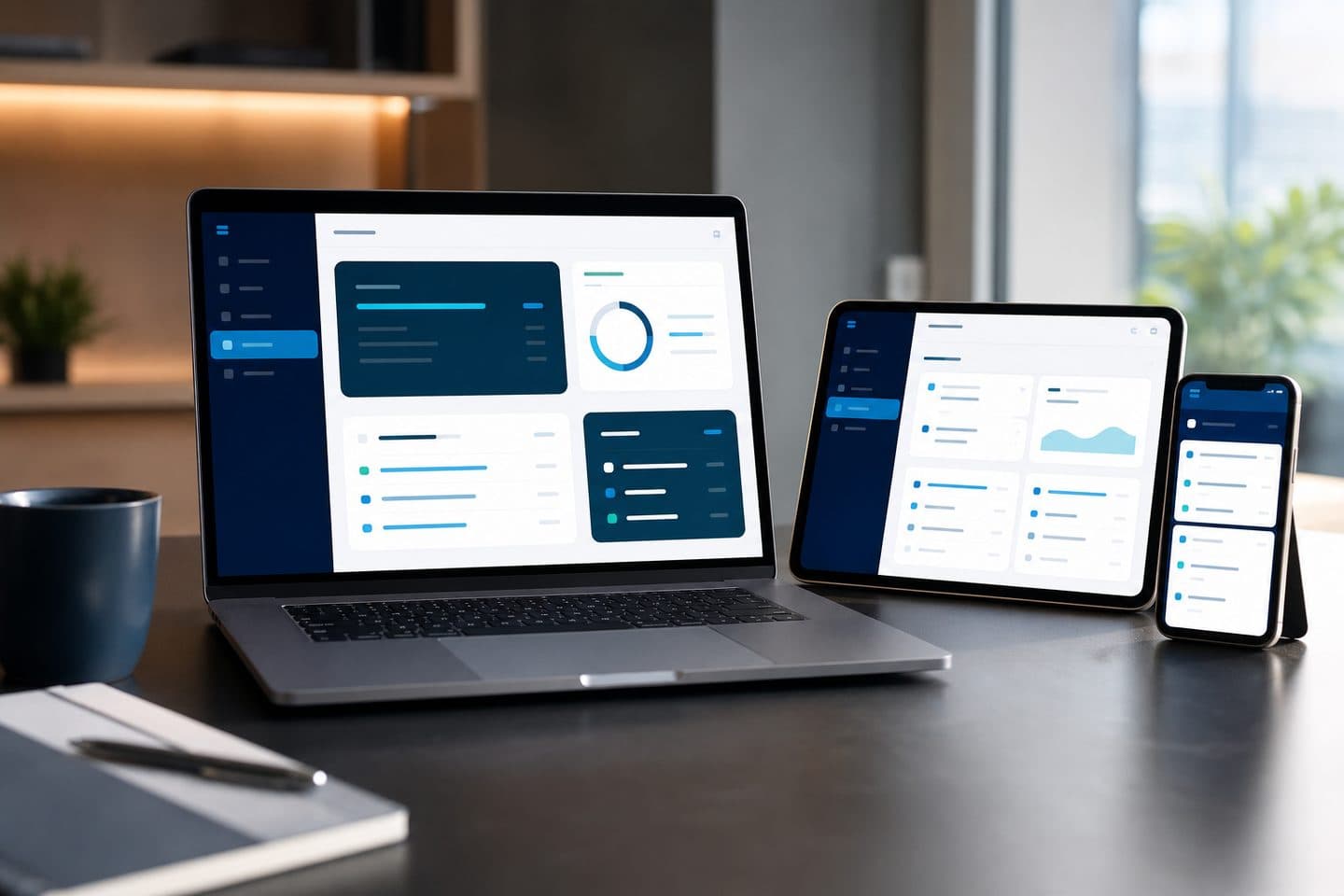Notebook, tablet e celular representando o acesso digital a pedidos e projetos