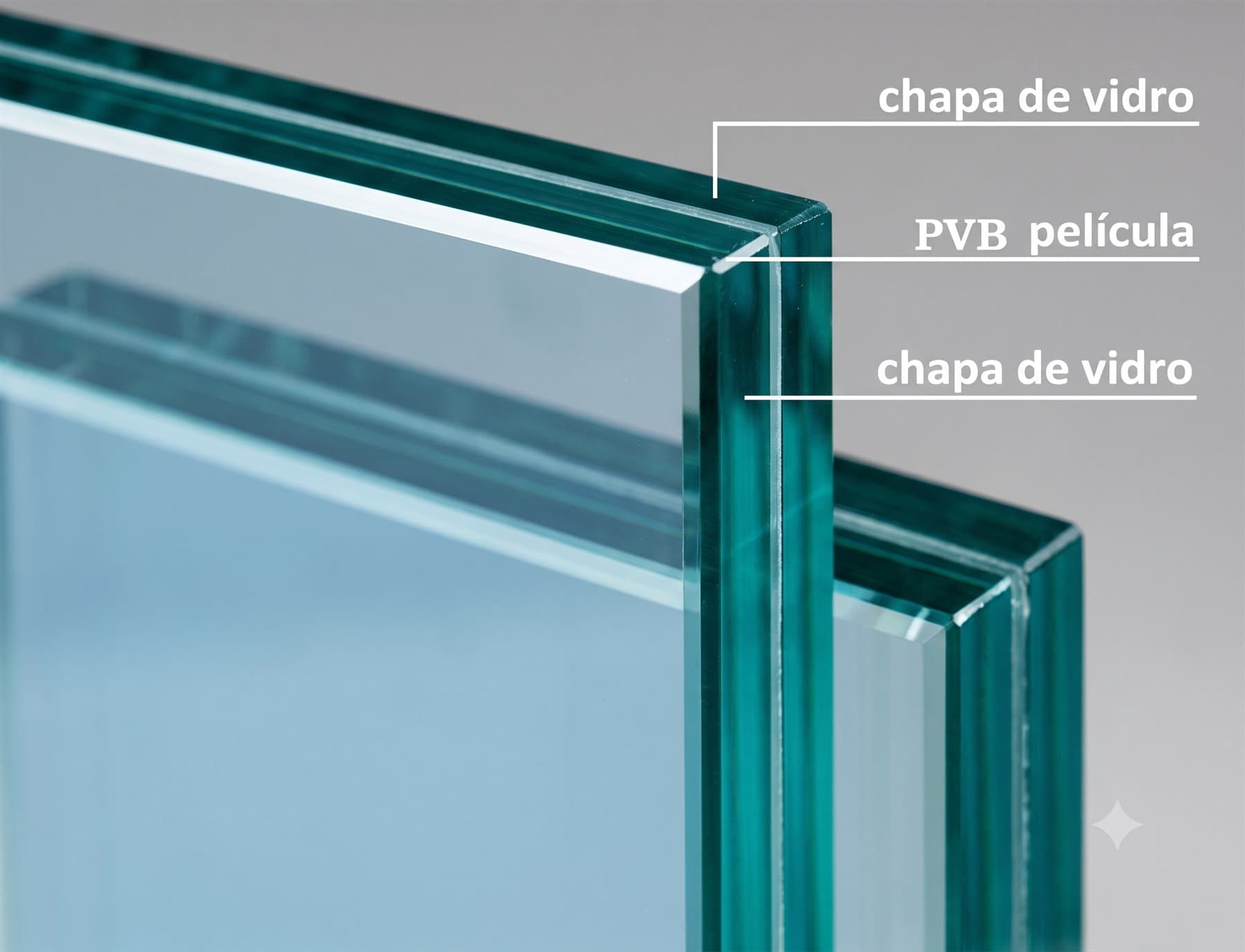 Representação ilustrativa das chapas e da película PVB de um vidro laminado