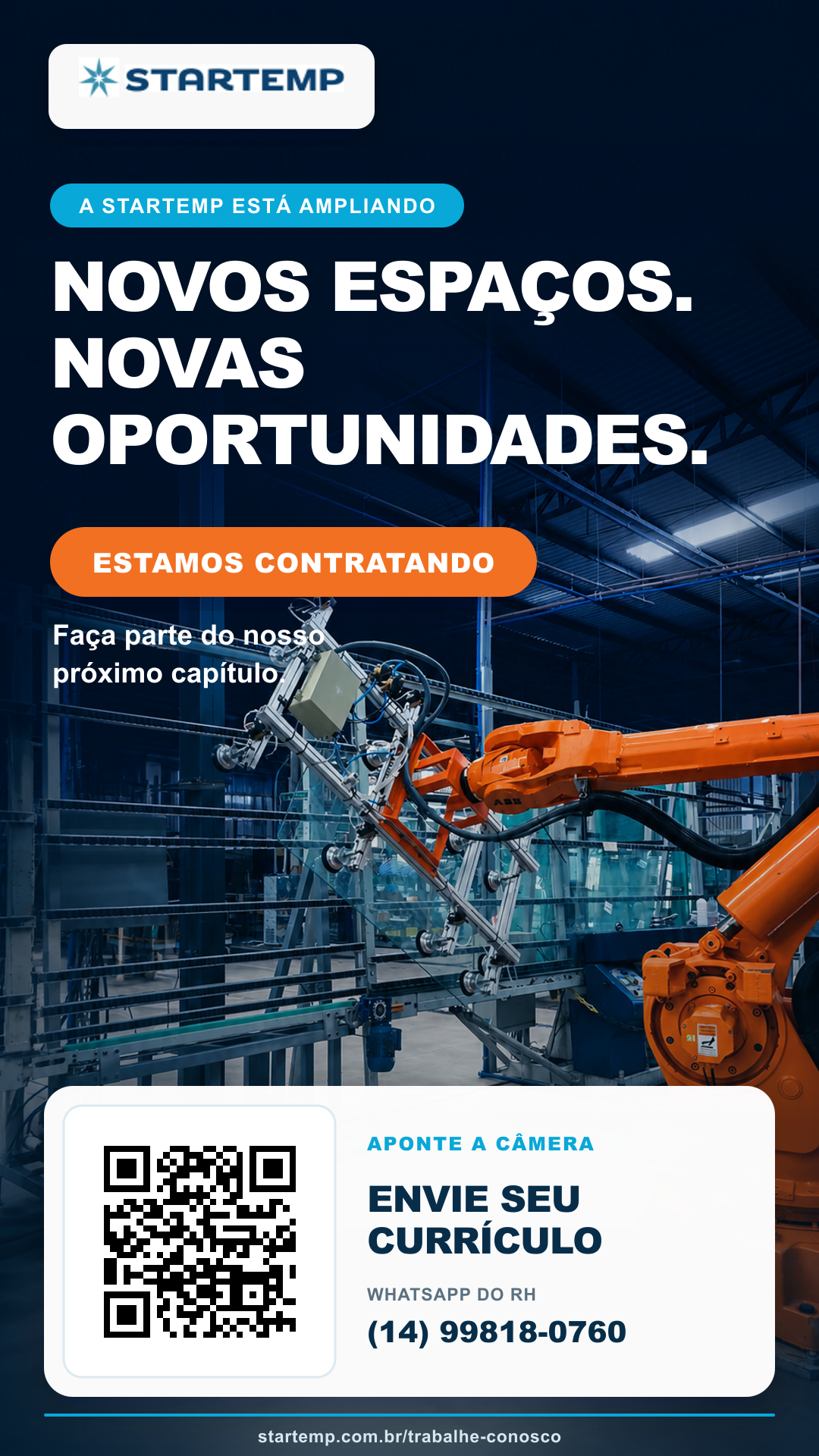 A Startemp está ampliando. Novos espaços, novas oportunidades. Estamos contratando. Faça parte do nosso próximo capítulo. Envie seu currículo pelo canal oficial do RH.